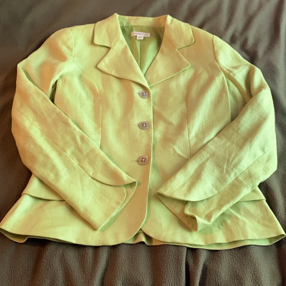 Coldwater Creek green jacket. Three buttons. Ruffled detailing bottom. Size 8
